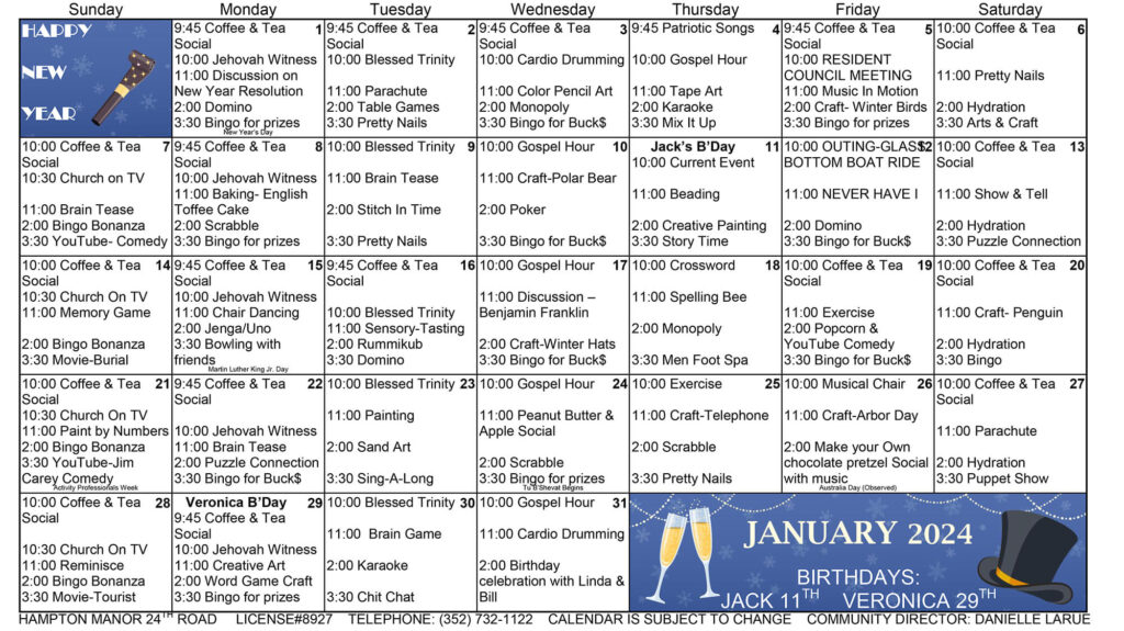 A January calendar with a blue background, featuring Deerwood activities.