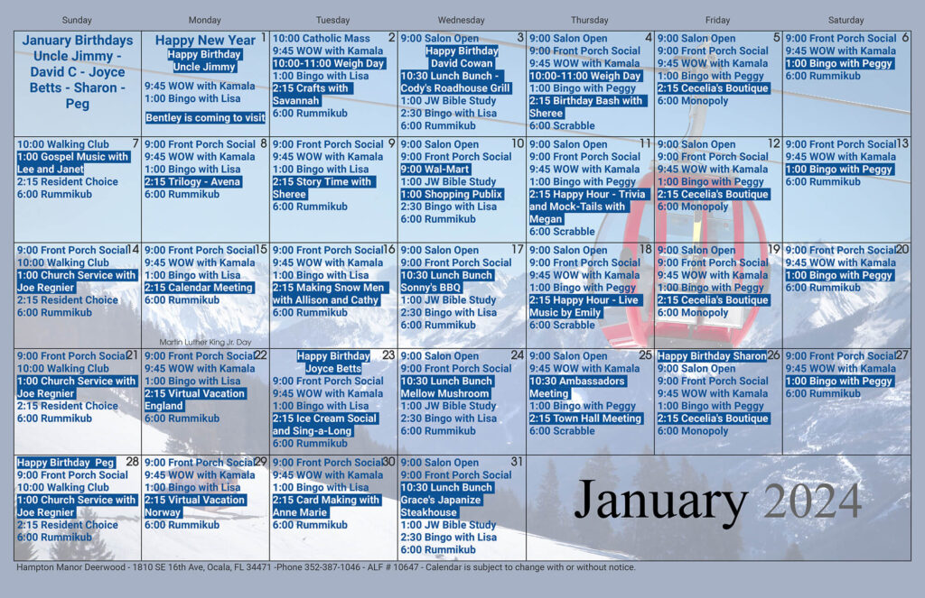 A Deerwood calendar highlighting activities for January 2020, featuring a ski lift.