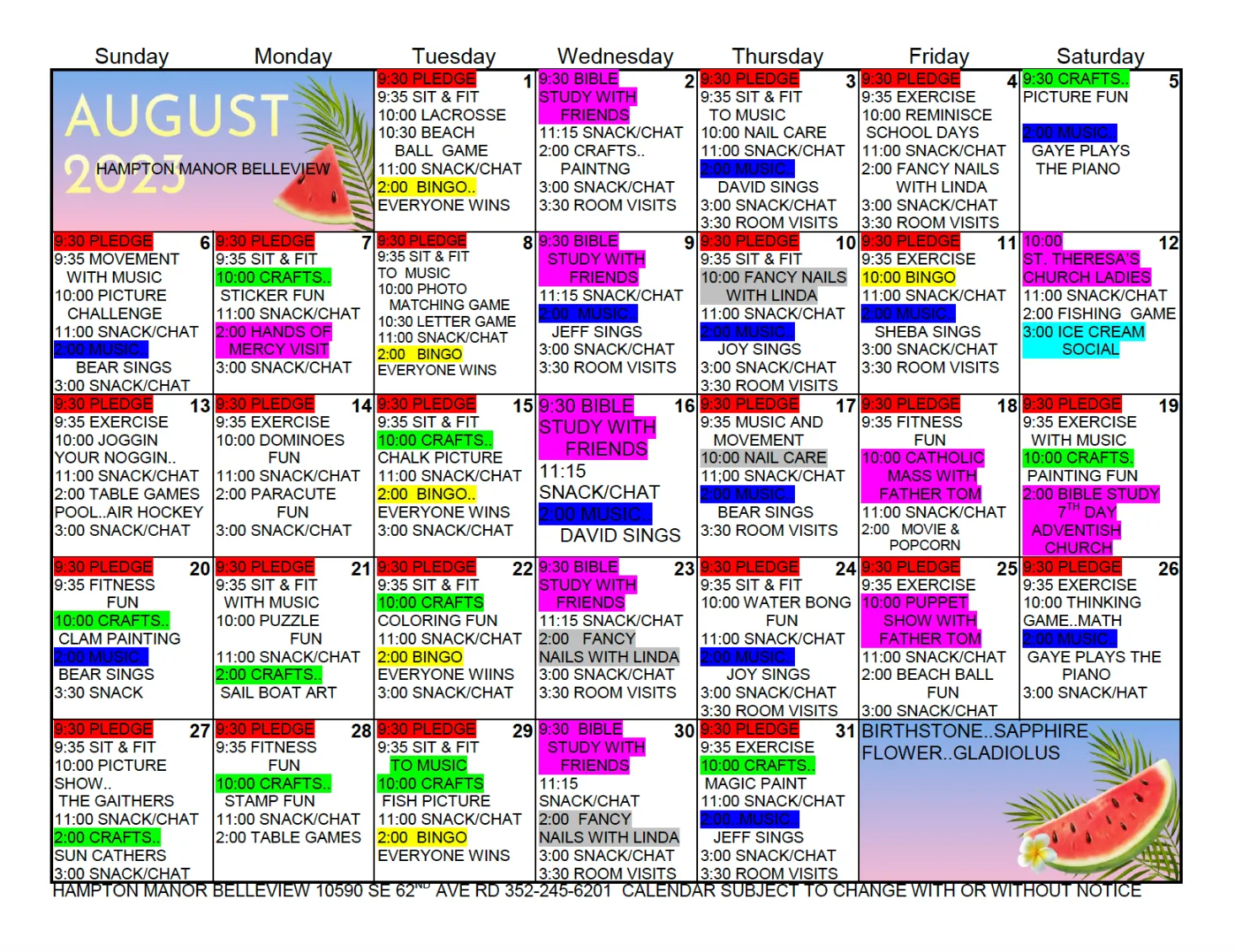 Colorful monthly activity calendar with daily scheduled events such as fitness classes, book clubs, and game nights, arranged in a grid for august.