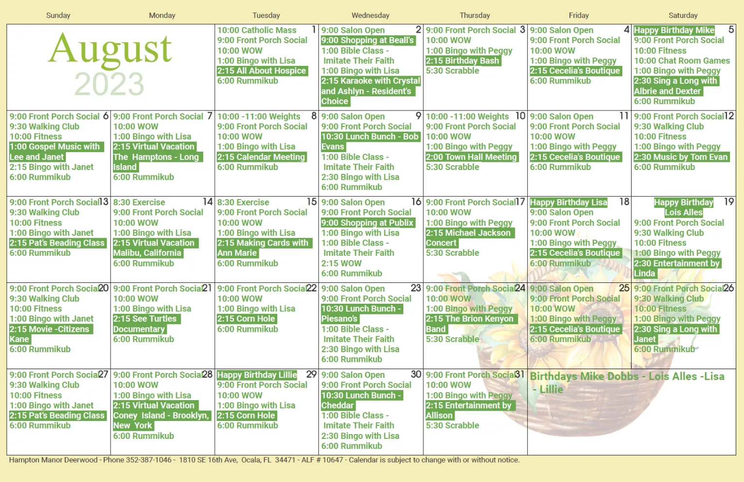 A detailed monthly calendar for august 2023 displaying daily events, colored coded by category.