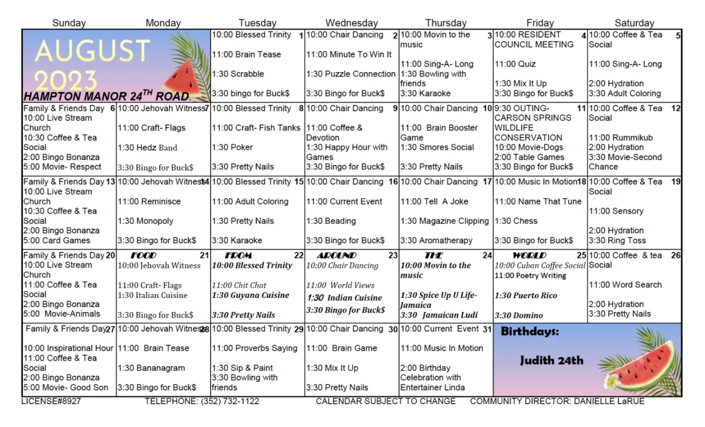 Calendar schedule for hampton manor activity events in august, including times and descriptions for each day.