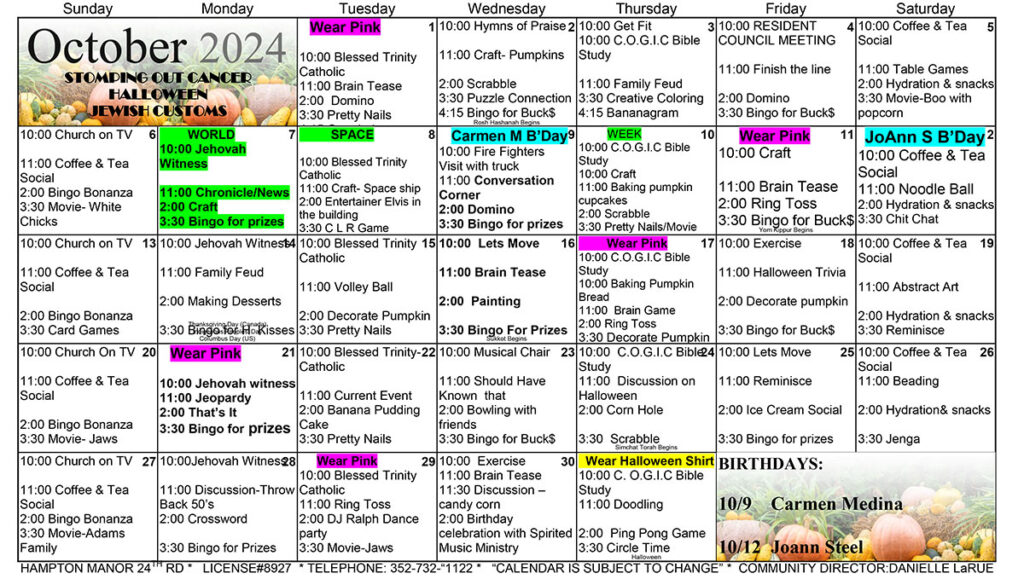 October 2024 calendar with scheduled events such as church services, bingo, crafts, and birthday celebrations, including themes like Halloween and Wear Pink Day.