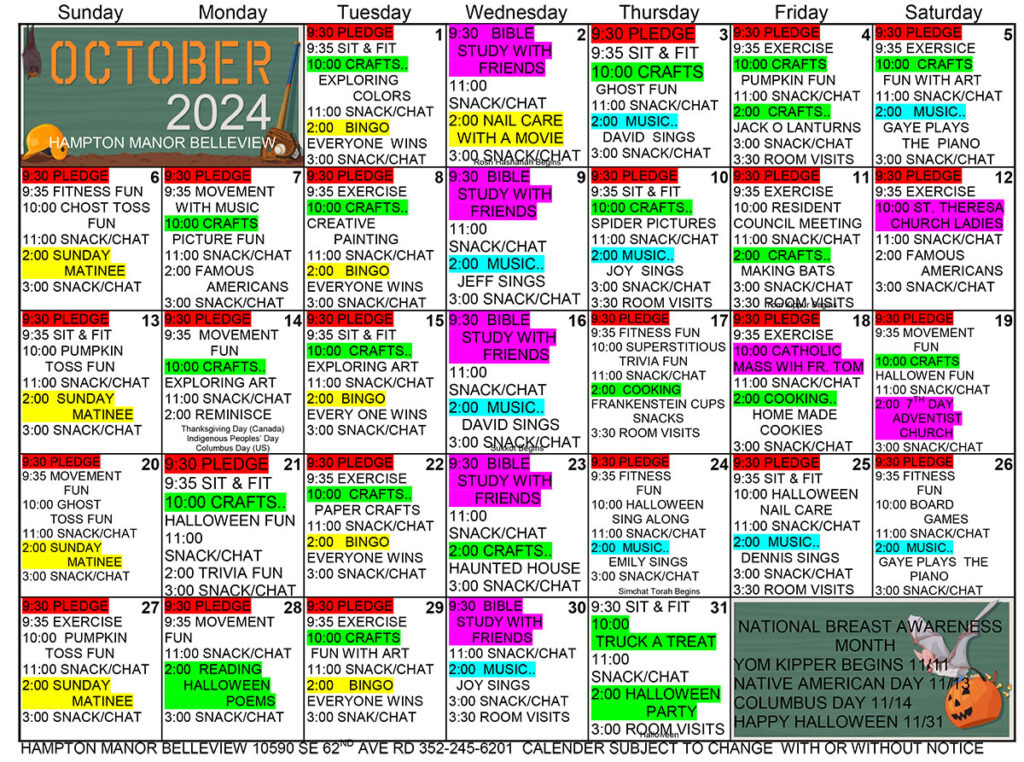 October 2024 calendar of activities at Hampton Manor of Bellevue includes movies, exercise, cooking, arts, and social events. Special days and awareness themes noted at the bottom.