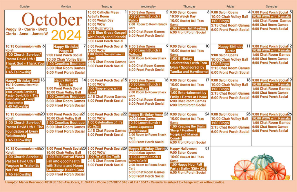 October 2024 calendar with daily events and birthdays listed. Autumn-themed with decorative pumpkins at the bottom.