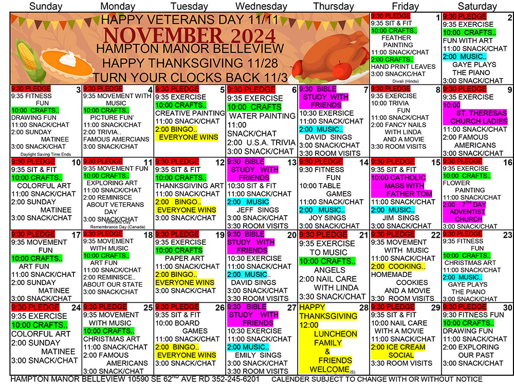 November 2024 activity calendar for Hampton Manor Belleview. Includes various events like bingo, crafts, and music. Highlights special dates such as Veterans Day and Thanksgiving.