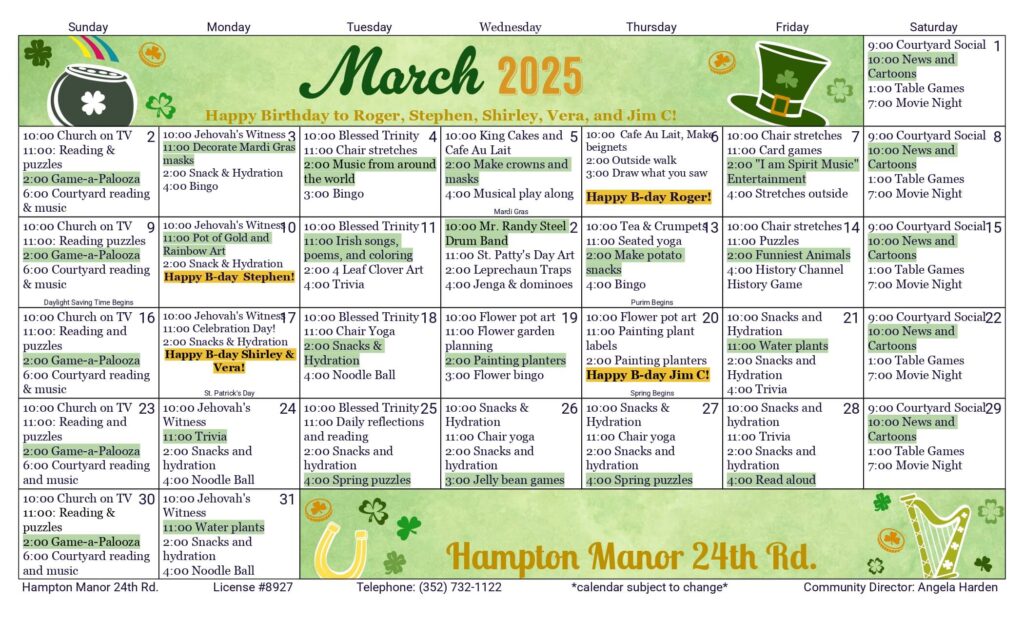 March 2025 calendar with daily activities and events for Hampton Manor, including reading, crafts, and concerts. Birthday greetings for residents are highlighted. Contact info is at the bottom.