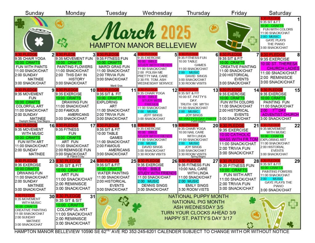 March 2025 activity calendar for Hampton Manor Belleview. Includes daily events like chair yoga, music, bingo, and themed parties. Notable days: St. Patrick’s and National Puppy Day.