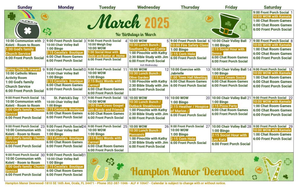 March 2025 calendar for Hampton Manor Deerwood, showing daily activities. Includes events like "Morning Exercise," "Front Porch Social," and themed socials. Contact info is at the bottom.