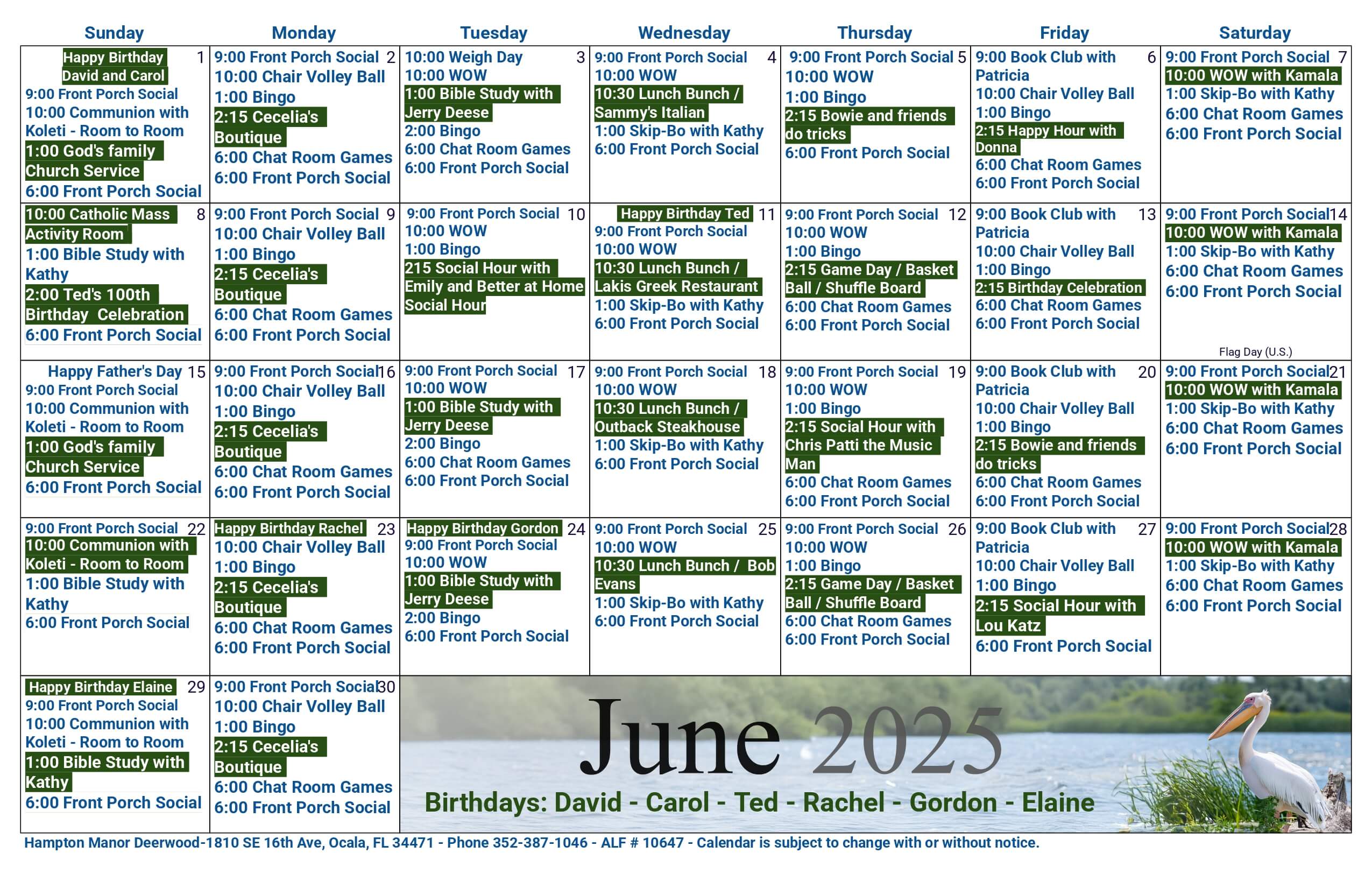 Explore the June 2025 Activity Calendar for Hampton Manor Deerwood, featuring daily scheduled events, resident birthdays, and scenic lake photos with a pelican.