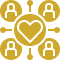 Yellow icon showing a central heart connected by lines to five outlined human figures, symbolizing community, connection, or an assisted living support network.