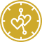 Yellow clock icon with black outlines featuring a clock hand and two overlapping heart shapes at its center—symbolizing compassionate time and care in assisted living.