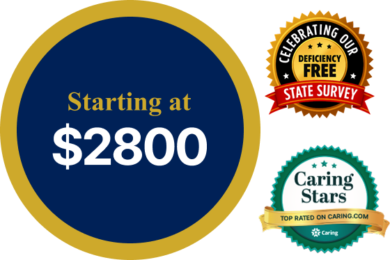 Blue and gold circle with text "Starting at $2800" alongside two badges: "Deficiency Free State Survey" and "Caring Stars Top Rated on Caring.com." Perfect for your New Home header template.