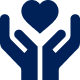 Dark blue icon of two hands raised with a heart above them, symbolizing care, support, or giving—often associated with assisted living.