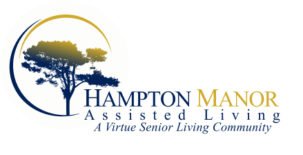 Logo for Hampton Manor Assisted Living, A Virtue Senior Living Community, features a tree silhouette in a circular design on a white background—perfect as a welcoming header template for your new home.