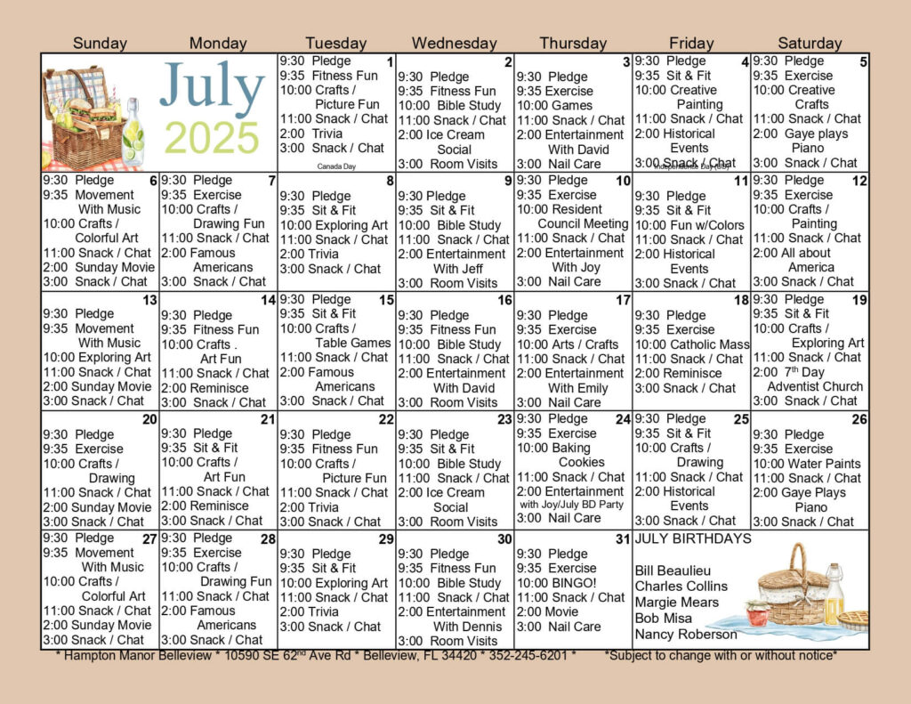 Discover the July 2025 Activity Calendar for Hampton Manor Belleview, featuring daily scheduled events such as exercise, crafts, games, movies, and special events to enjoy every day.