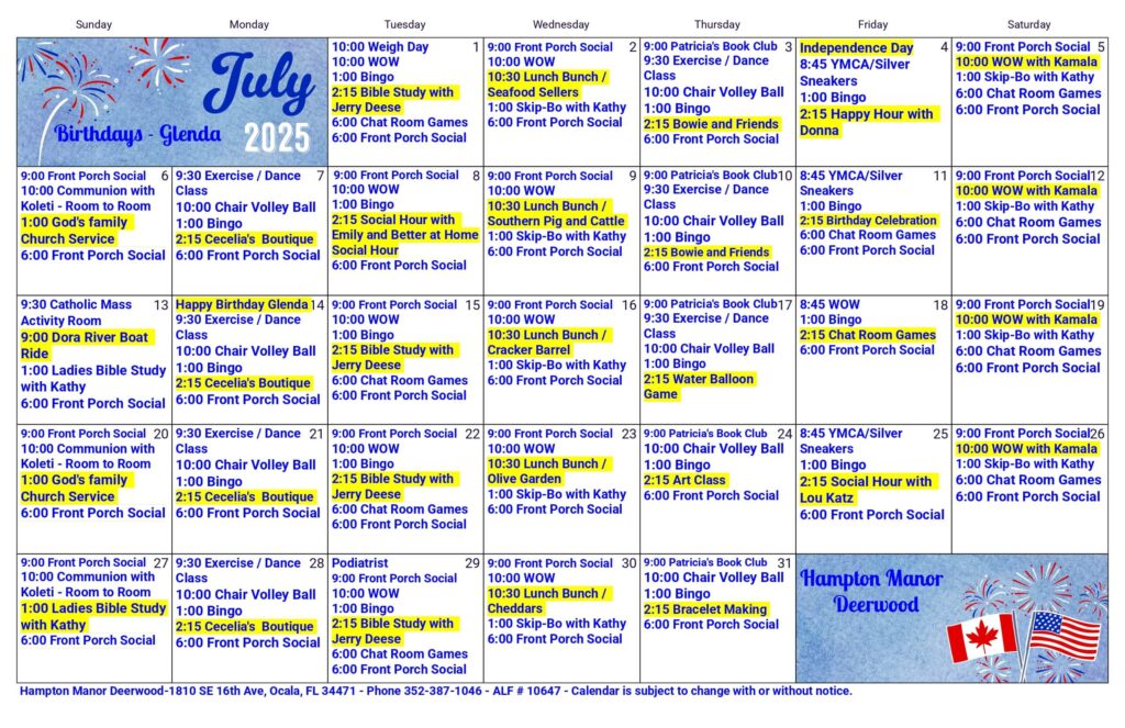 July 2025 Activity Calendar for Hampton Manor Deerwood Belleview featuring daily events like bingo, exercise, carnival, socials, crafts, and special celebrations highlighted in yellow.